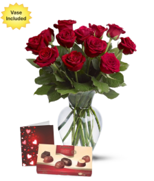 Dozen Roses, Chocolates, Vase & Card